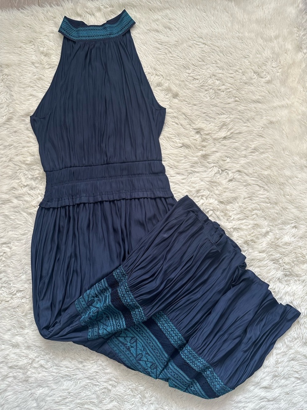 Ramy Brook Cadence Dress Maxi Sleeveless High Neck Flowy Navy Sz S NWT New